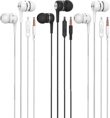 Meyaar SP 3 Pack Metal in-Ear Headset Earphones With Mic Headphones Wired(Double Braided wire, Deep High Bass, SP-27 Earbuds, 1 Black & 2 White Earphones, 3 Pack Earphones combo Pack, In the Ear)