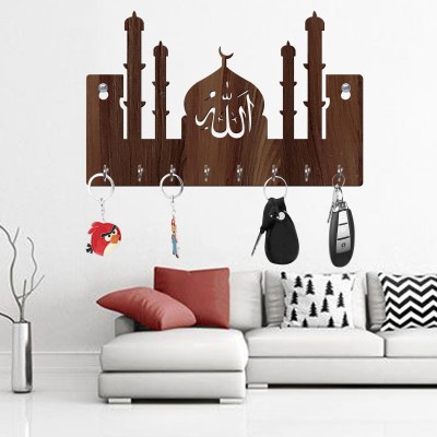 Fravy Islamic Design Masjid Wood Key Holder(8 Hooks, Brown)