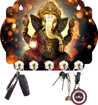 Gudki Wood Key Holder(5 Hooks, Multicolor)