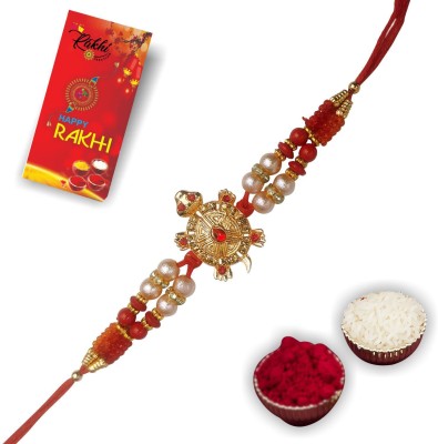 Rakhi Creation Bhaiya Bhabhi Handmade Feng Shui Lucky Goodluck Shubh Tortoise Rakhi Turtle Divine Rakhi With Roli Chawal Greeting Card Gold Finish Chawal Roli Pack  Set(Includes 1 Rakhi With Free Roli, Chawal, Mishri, Chandan and Greeting card)