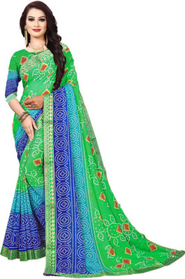 Kanooda Prints Printed Bandhani Georgette Saree(Green, Blue)
