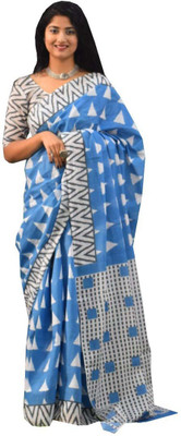 SUNDREESAREE Blocked Printed, Color Block, Floral Print, Printed Ikkat Pure Cotton Saree(Light Blue, White)