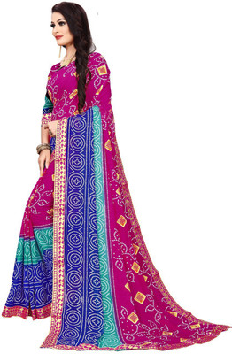 Kanooda Prints Printed Bandhani Georgette Saree(Multicolor)