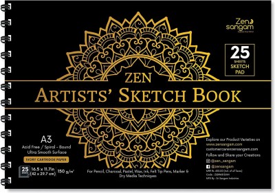 Zen Sangam Express your Mind Artists' A3 Sketch Pad Drawing Notebook (Spiral), 25 Sheets(50 Pages) 42x29.7cm, 150 GSM Acid Free Ivory Cartridge Paper for Pencils,Fineliners,Crayons,OilPastels,Light Watercolour - Gold Sketch Pad(25 Sheets)