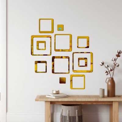 LOOK DECOR 60 cm 12 Square Golden acrylic mirror wall sticker-B2BLD18 Self Adhesive Sticker(Pack of 12)