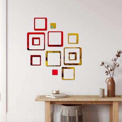 LOOK DECOR 60 cm 12 Square Golden Red acrylic mirror wall sticker-LD28 Self Adhesive Sticker(Pack of 12)