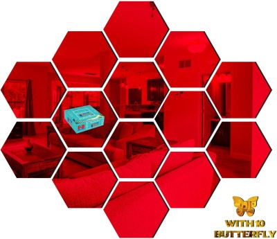 FUTURE HUB 25.4 cm 14 Hexagon Red With 10 Butterfly Golden Self Adhesive Sticker(Pack of 10)
