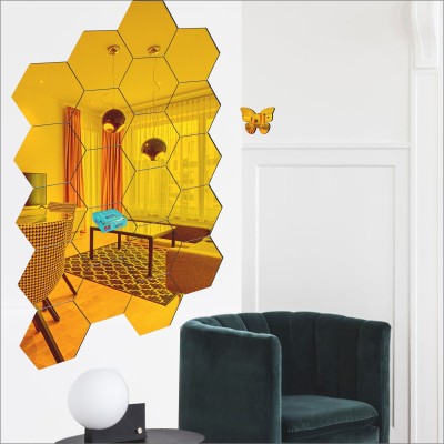 LOOK DECOR 60 cm 20 Hexagon 10 Butterfly Golden acrylic mirror wall sticker-LD252 Self Adhesive Sticker(Pack of 30)