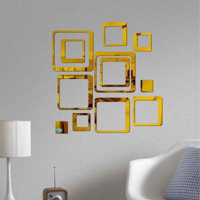 LOOK DECOR 60 cm 12 Square Golden acrylic mirror wall sticker-B2BLD11 Self Adhesive Sticker(Pack of 12)