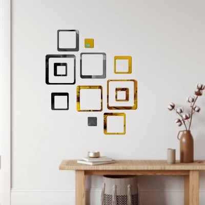 LOOK DECOR 60 cm 12 Square Golden Black acrylic mirror wall sticker-LD29 Self Adhesive Sticker(Pack of 12)