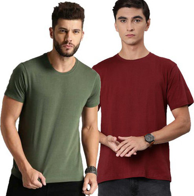 Aman Textile Solid Men Round Neck Maroon, Light Green T-Shirt