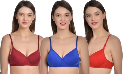 Aimly Women's Cotton Seamless Padded Non-Wired Removable Strap Bra Pack of 3 Women Push-up Heavily Padded Bra(Blue, Red, Maroon)