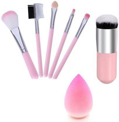 J & F Foundation brush With High Quality 5 Pc makeup Brush Set + 1 Sponge Puff Pink(3 Items in the set)