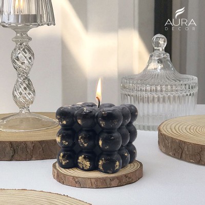 AuraDecor Bubble Candle Unscented Set of 1 (Black with Gold finish ) 6cm*6cm*6cm Candle(Black, Pack of 1)