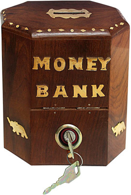 crafthub Handmade Wooden Money Bank - Coin Saving Box - Piggy Bank - Gifts for Kids, Girls, Boys & Adults Coin Bank(Brown)