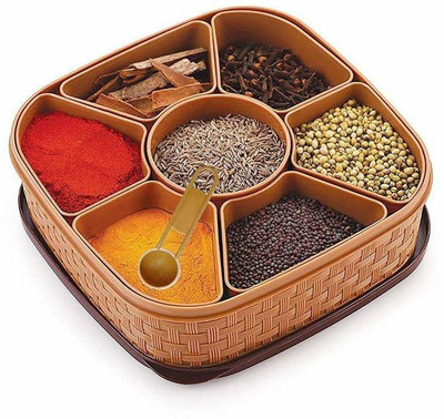 Plastic Square 7 Sections Multipurpose Masala Rangoli Dabba Box Set (Brown) 1 Piece Spice Set(Plastic)