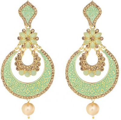 Divastri Ethnic Gold Plated Studded stones Flower Design Green Meenakari Pearl Chandbali Earrings for Women and Girls Copper Chandbali Earring