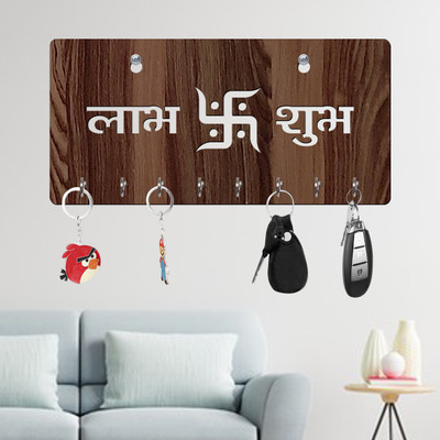Fravy Swastik With Labh Subh Wood Key Holder(8 Hooks, Brown)