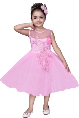 Arshia Fashions Girls Midi/Knee Length Party Dress(Pink, Sleeveless)