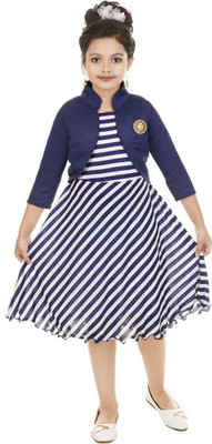 FTC FASHIONS Girls Above Knee Festive/Wedding Dress(Blue, 3/4 Sleeve)