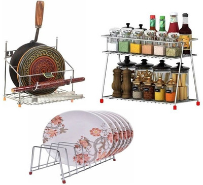 Somkala Chakla/Belan Kitchen Rack Steel Presents a Combo Pack Of 4 in 1 Chakla Belan Stand + Plate Stand + Spice Rack