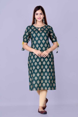 Antim fashion Women Printed Straight Kurta(Dark Green, Gold)