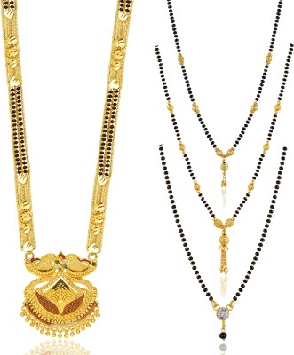 BRANDSOON Traditional Necklace Pendant Gold plated Glorious Hand made 30 inch Long and 18 inch short diamond pack of 4 Mangalsutra/Tanmaniya/nallapusalu/Black Beads Mangalsutr For Women Gold long chain Brass Mangalsutra Brass Mangalsutra