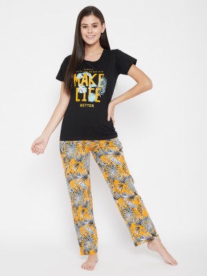 Clovia Women Printed Yellow, Black Top & Pyjama Set