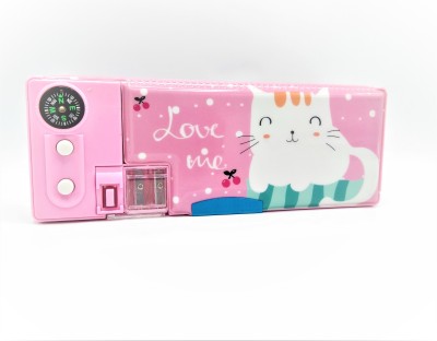 Gold Leaf Kitty Multi-function Pencil Case, Pencil Box with 2 Compartments for Students with Out Pencil Sharpener and Paper clip (Pink) Kitty Art Plastic Pencil Box(Set of 1, Pink)