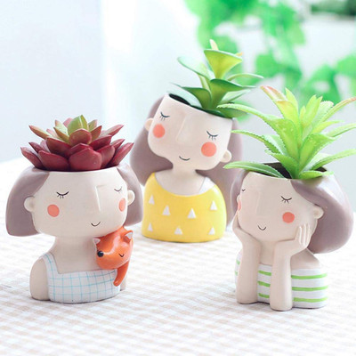 REJOICE CRAFT Combo Pack Dreaming Yellow Girl Design Heart Girl Thinking Girl Resin Pots Unique & Trendy Design Return Gifts Succulent Pots Polyresin Pot Home Decor Plant Container Set(Pack of 3, Ceramic)