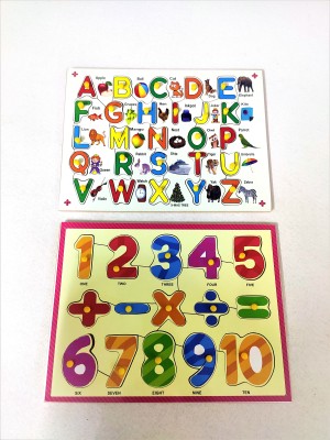 PETERS PENCE English Alphabet Learning & Multi-Color Educational 1-10 Number Puzzle Board with Mathematical Signs with Picture ,Knobs for Kids Pre-Primary Education(2 Pieces)