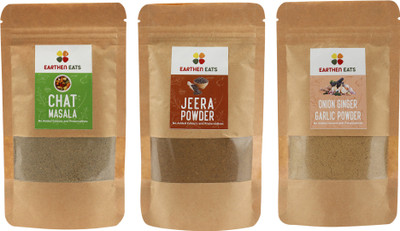 Earthen Eats Chat Masala + Jeera Powder + Onion Ginger Garlic Powder Combo | Nett Wt. 90 gm + 80 gm+ 70 gm | Fresh & Pure (Refill)(3 x 80 g)