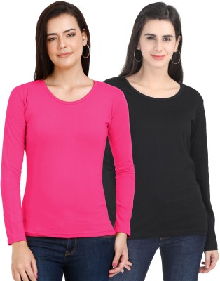 Fleximaa Solid Women Round Neck Pink, Black T-Shirt