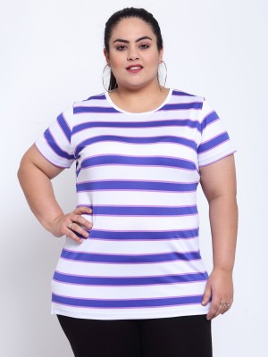 PLUSS Striped Women Round Neck White, Blue T-Shirt