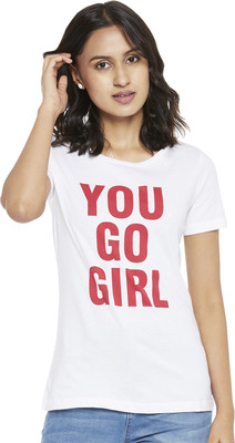 Honey By Pantaloons Women Printed Round Neck Pure Cotton White T-Shirt For Rs. 100 @ 75 %