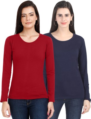 Fleximaa Solid Women Round Neck Red, Blue T-Shirt