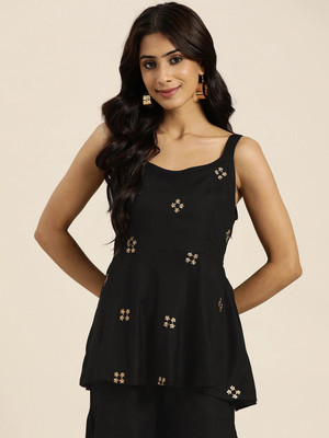 Shae by SASSAFRAS Casual Sleeveless Embroidered Women Black Top
