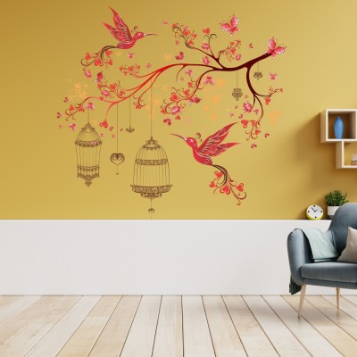 Wallzone 100 cm Pink Birds Cages Extra Large Vinyl Wallsticker For Decorations(94 cm x 85 cm) Self Adhesive Sticker(Pack of 1)