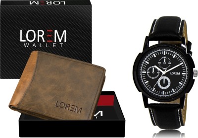 LOREM WL26-LR22 Combo Of Black Wrist Watch & Beige Color Artificial Leather Wallet Analog Watch  - For Men
