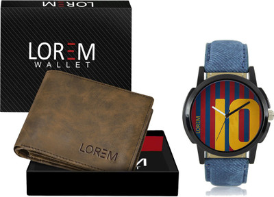 LOREM WL25-LR10 Combo Of Blue Wrist Watch & Brown Color Artificial Leather Wallet Analog Watch  - For Men