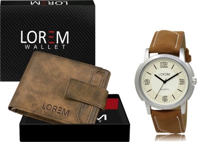 LOREM WL23-LR16 Combo Of Brown Wrist Watch & Brown Color Artificial Leather Wallet Analog Watch  - For Men