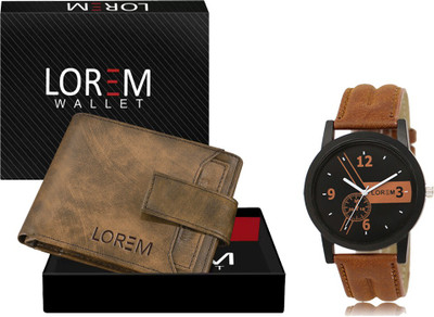 LOREM WL23-LR01 Combo Of Orange Wrist Watch & Brown Color Artificial Leather Wallet Analog Watch  - For Men