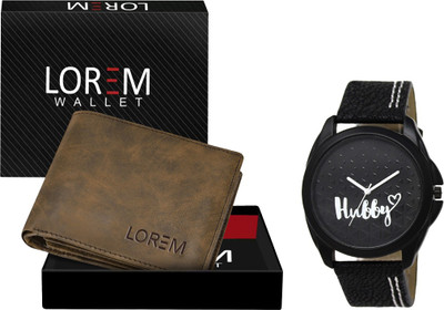 LOREM WL25-LR31 Combo Of Black Wrist Watch & Brown Color Artificial Leather Wallet Analog Watch  - For Men