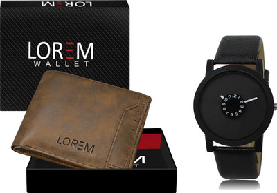 LOREM WL24-LR27 Combo Of Black Wrist Watch & Brown Color Artificial Leather Wallet Analog Watch  - For Men