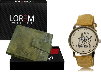 LOREM WL22-LR30 Combo Of Beige Wrist Watch & Green Color Artificial Leather Wallet Analog Watch  - For Men