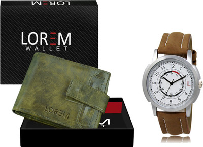 LOREM WL22-LR17 Combo Of Brown Wrist Watch & Green Color Artificial Leather Wallet Analog Watch  - For Men