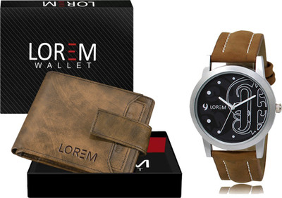 LOREM WL23-LR14 Combo Of Brown Wrist Watch & Brown Color Artificial Leather Wallet Analog Watch  - For Men