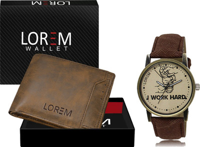 LOREM WL24-LR31 Combo Of Black Wrist Watch & Brown Color Artificial Leather Wallet Analog Watch  - For Men