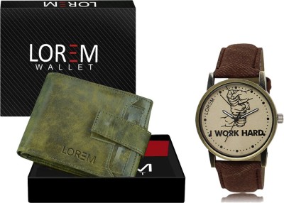 LOREM WL22-LR29 Combo Of Brown Wrist Watch & Green Color Artificial Leather Wallet Analog Watch  - For Men