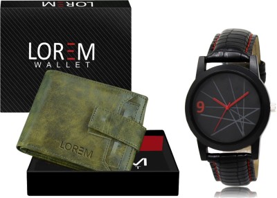 LOREM WL22-LR08 Combo Of Black Wrist Watch & Green Color Artificial Leather Wallet Analog Watch  - For Men